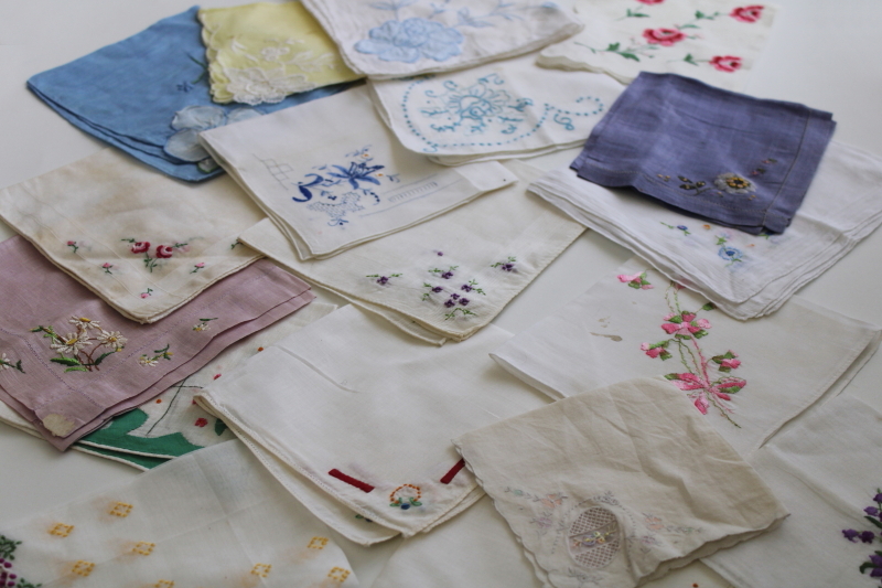 photo of vintage hankies lot, shabby handkerchiefs w/ Swiss embroidery, fixer uppers or for upcycling #1