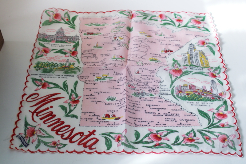 photo of vintage hanky, Minnesota map print souvenir pink floral cotton handkerchief mint w/ Franshaw label  #1