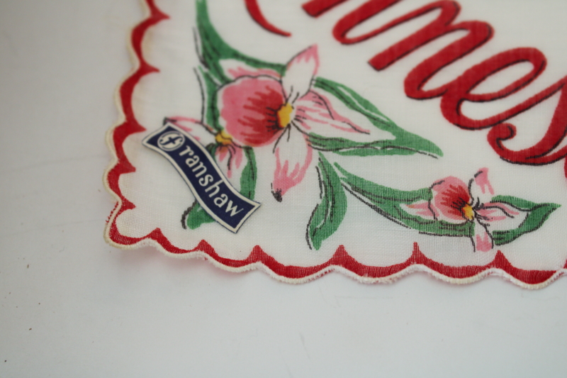 photo of vintage hanky, Minnesota map print souvenir pink floral cotton handkerchief mint w/ Franshaw label  #2