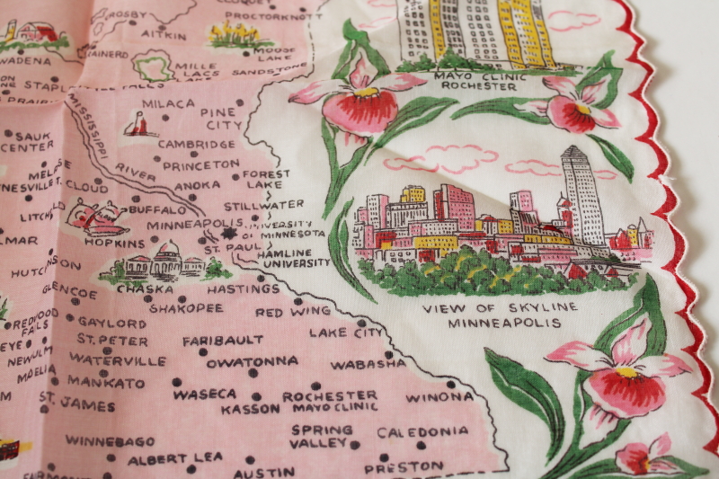photo of vintage hanky, Minnesota map print souvenir pink floral cotton handkerchief mint w/ Franshaw label  #3