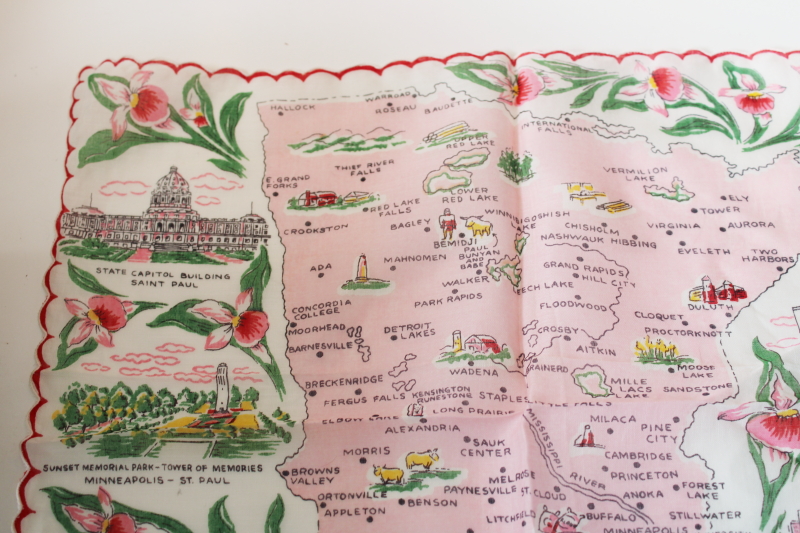 photo of vintage hanky, Minnesota map print souvenir pink floral cotton handkerchief mint w/ Franshaw label  #4