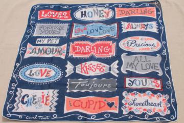 catalog photo of vintage hanky, signs of love retro typography printed cotton handkerchief