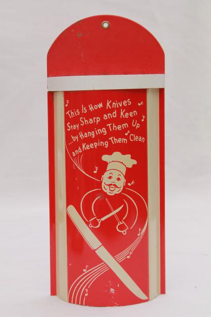 photo of vintage happy chef kitchen knife holder, retro red & white wall mount rack for knives #1