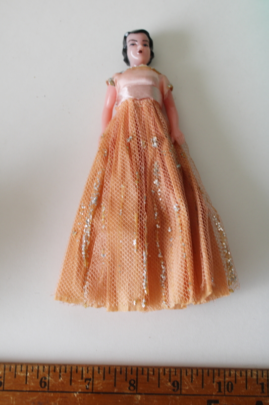 photo of vintage hard plastic celluloid doll, pink crepe paper dress prom or birthday girl cake topper or decoration  #1