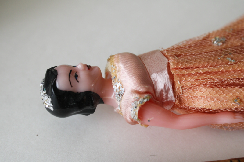 photo of vintage hard plastic celluloid doll, pink crepe paper dress prom or birthday girl cake topper or decoration  #3