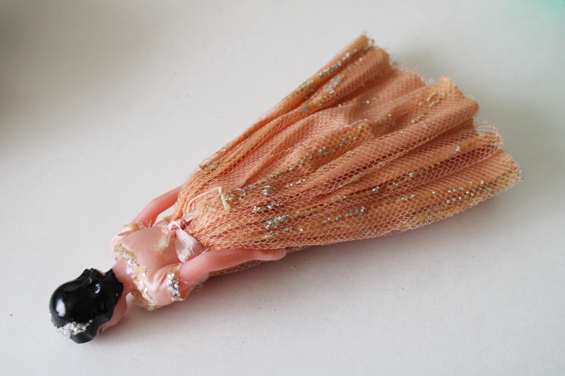 photo of vintage hard plastic celluloid doll, pink crepe paper dress prom or birthday girl cake topper or decoration  #4