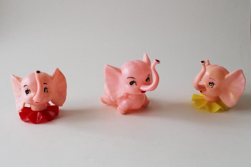 photo of vintage hard plastic party cake toppers, retro pink elephants heffalumps #1