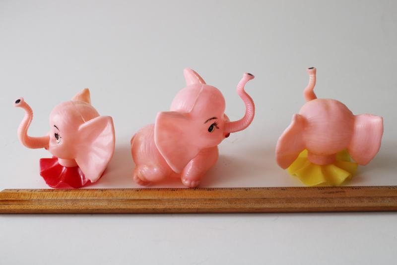 photo of vintage hard plastic party cake toppers, retro pink elephants heffalumps #2