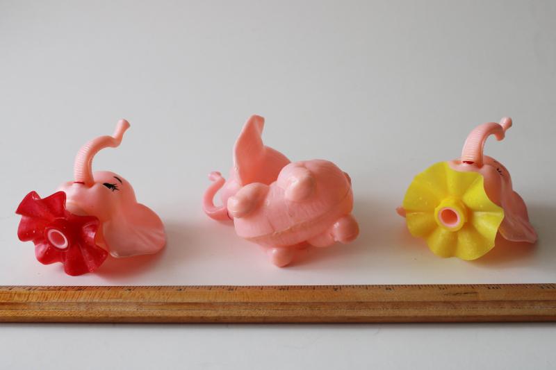 photo of vintage hard plastic party cake toppers, retro pink elephants heffalumps #3