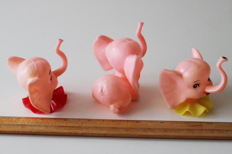 photo of vintage hard plastic party cake toppers, retro pink elephants heffalumps #4