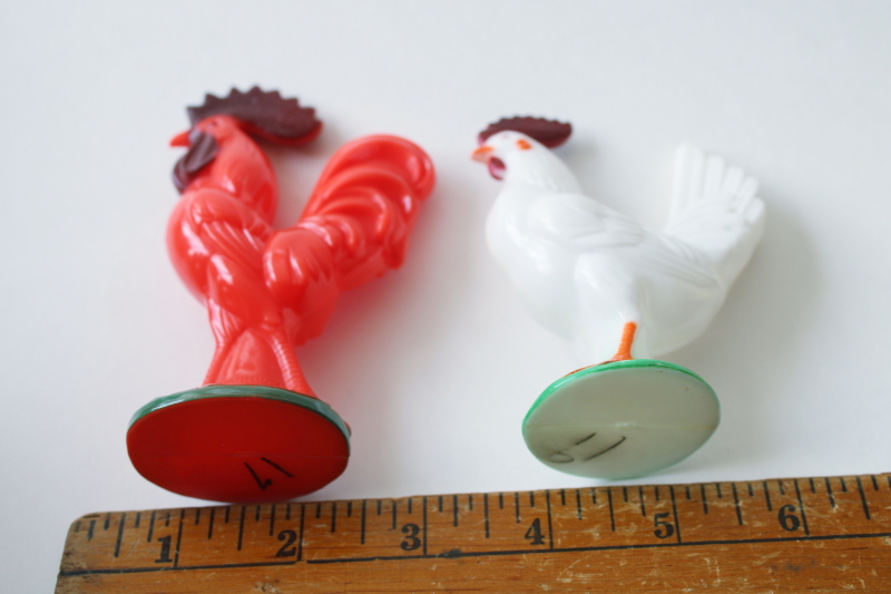 photo of vintage hard plastic toys, chickens lot Knickerbocker rooster, baby chick, egg laying hen #2