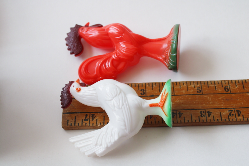 photo of vintage hard plastic toys, chickens lot Knickerbocker rooster, baby chick, egg laying hen #3