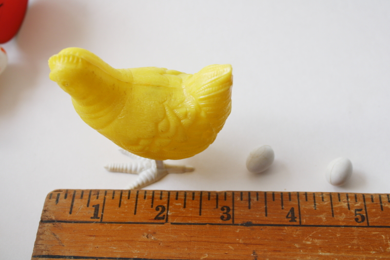 photo of vintage hard plastic toys, chickens lot Knickerbocker rooster, baby chick, egg laying hen #7