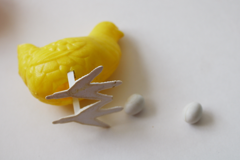 photo of vintage hard plastic toys, chickens lot Knickerbocker rooster, baby chick, egg laying hen #8
