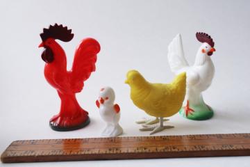 vintage hard plastic toys, chickens lot Knickerbocker rooster, baby chick, egg laying hen 
