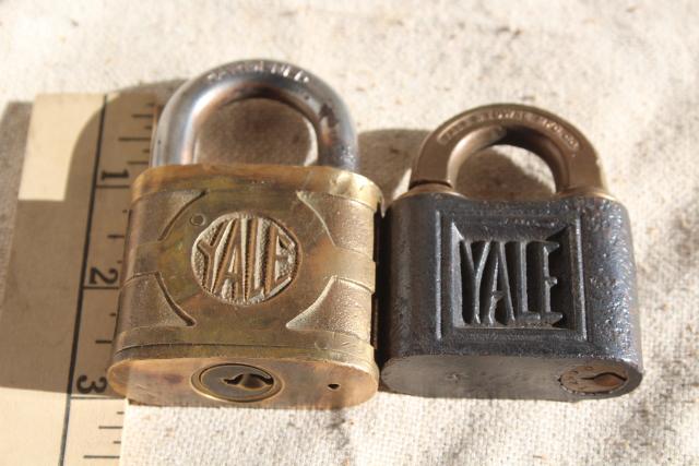 photo of vintage hardware, antique steel / brass padlocks, old Yale locks without keys #6