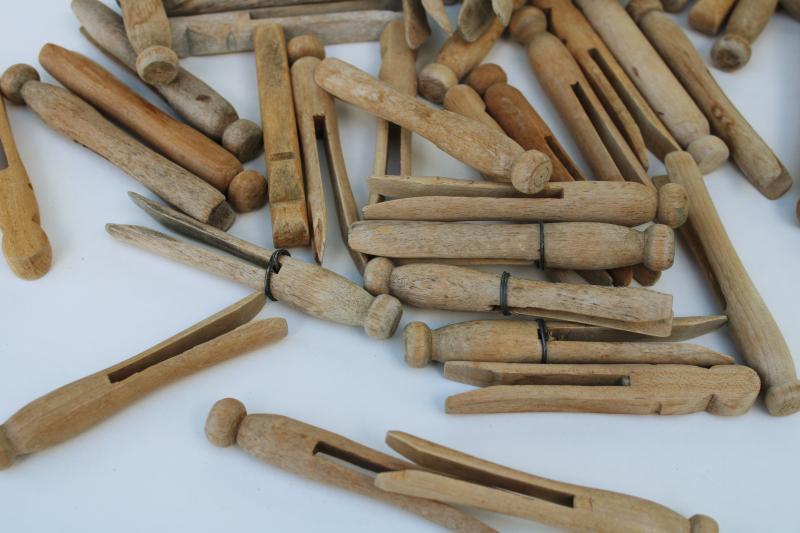 photo of vintage hardwood clothespins, clothes peg type lot assorted old clothes pins #2