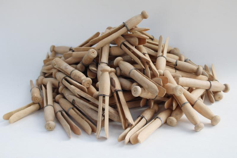 photo of vintage hardwood clothespins, clothes peg type lot old wire wrapped clothes pins #1