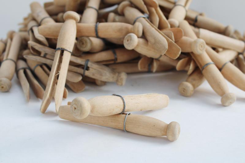 photo of vintage hardwood clothespins, clothes peg type lot old wire wrapped clothes pins #3