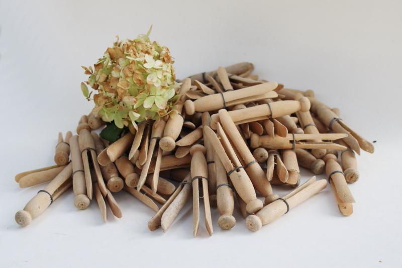 photo of vintage hardwood clothespins, clothes peg type lot old wire wrapped clothes pins #5