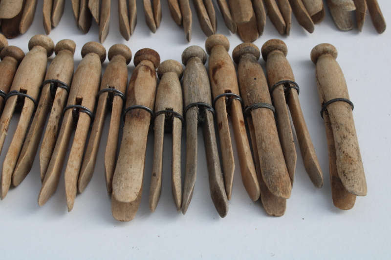 photo of vintage hardwood clothespins, clothes peg type lot old wire wrapped clothes pins #2