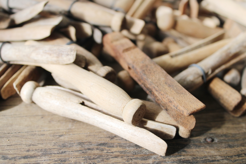 photo of vintage hardwood clothespins, clothes peg type - lot primitive weathered wood clothes pins  #2