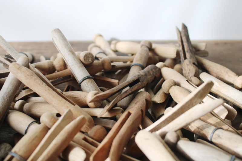 photo of vintage hardwood clothespins, clothes peg type - lot primitive weathered wood clothes pins  #3