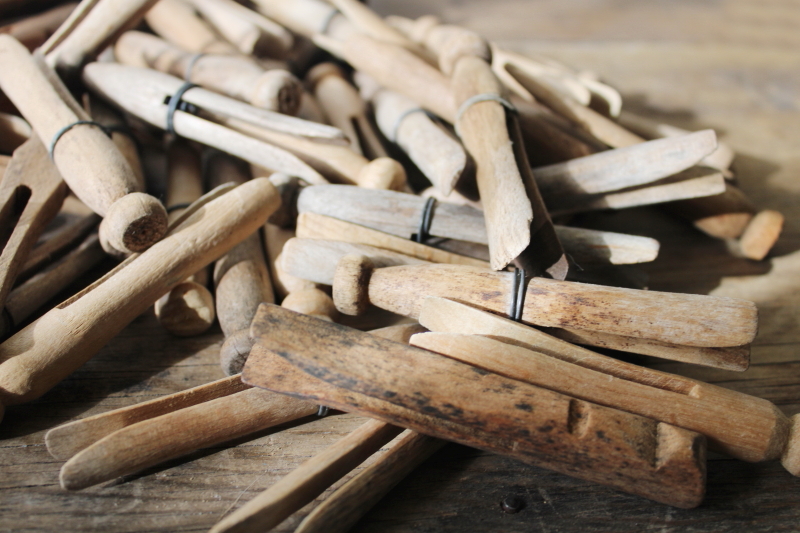photo of vintage hardwood clothespins, clothes peg type - lot primitive weathered wood clothes pins  #4