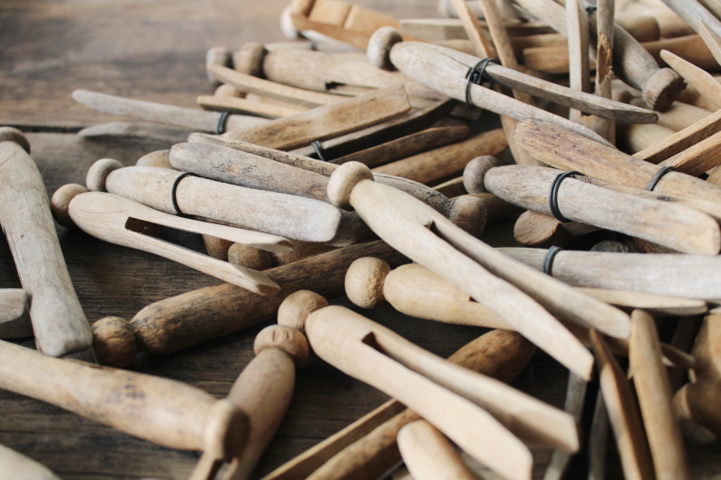 photo of vintage hardwood clothespins, clothes peg type - lot primitive weathered wood clothes pins  #5