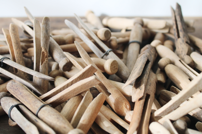 photo of vintage hardwood clothespins, clothes peg type - lot primitive weathered wood clothes pins  #6
