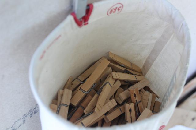 photo of vintage hardwood clothespins in Champion housewife print graphics bag for laundry room clothes line #4