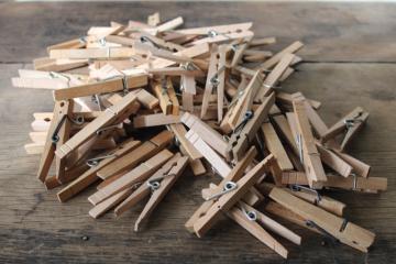catalog photo of vintage hardwood clothespins lot, heavy sturdy steel spring type clothes pins