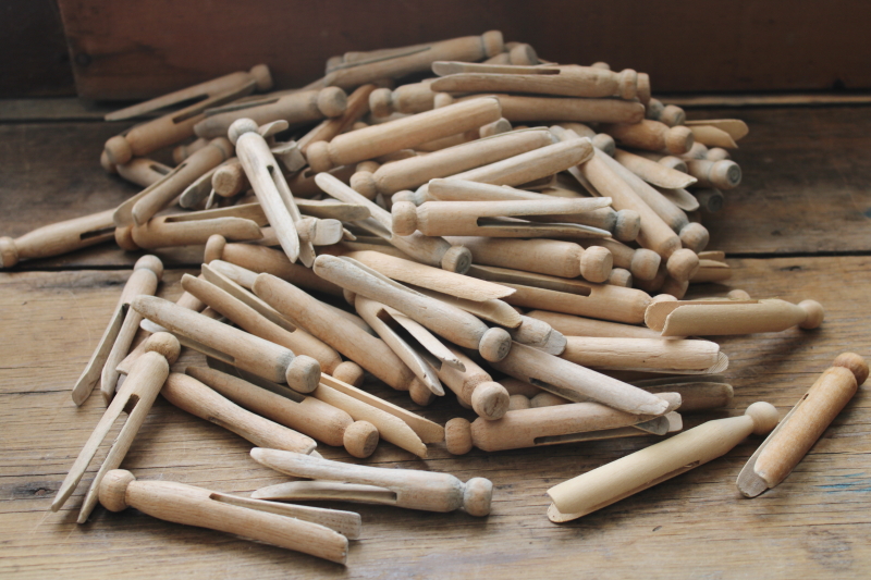 photo of vintage hardwood clothespins, lot of 120 peg type clothespins #1