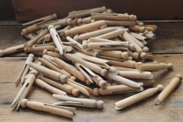 catalog photo of vintage hardwood clothespins, lot of 120 peg type clothespins 