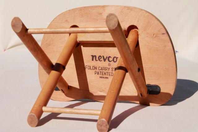 photo of vintage hardwood folding stool travel camp seat, Nevco foldn carry stool #7