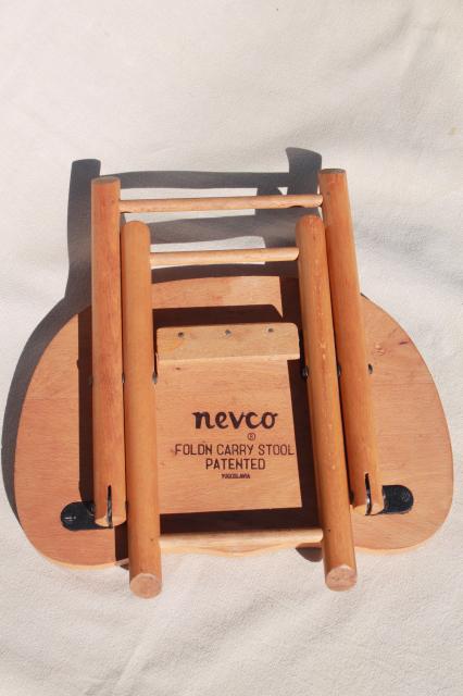 photo of vintage hardwood folding stool travel camp seat, Nevco foldn carry stool #10