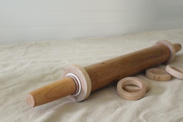 photo of vintage hardwood rolling pin for pastry & pasta, adjustable thickness removable rings #2