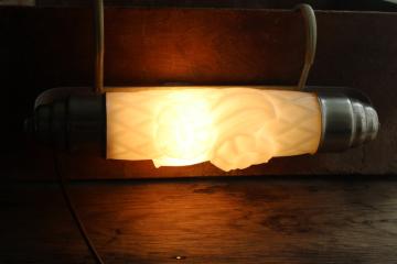 catalog photo of vintage headboard bed lamp, reading or night light w/ embossed milk glass cylinder shade 