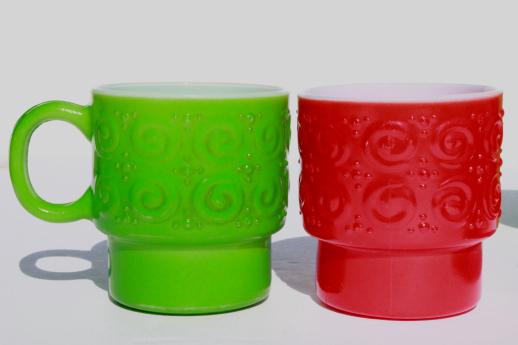 photo of vintage heat proof glass coffee cups, milk glass mugs w/ red & green fired on color #2
