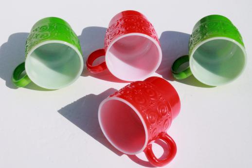 photo of vintage heat proof glass coffee cups, milk glass mugs w/ red & green fired on color #4
