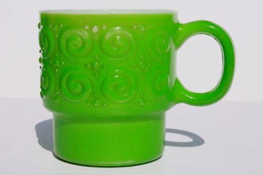 photo of vintage heat proof glass coffee cups, milk glass mugs w/ red & green fired on color #6