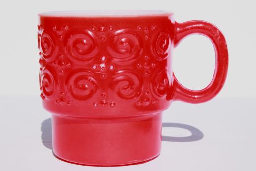 photo of vintage heat proof glass coffee cups, milk glass mugs w/ red & green fired on color #7