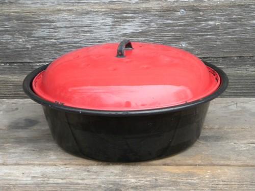 photo of vintage heavy black and red enamelware covered pan old farm kitchen #1