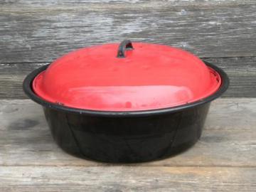 catalog photo of vintage heavy black and red enamelware covered pan old farm kitchen