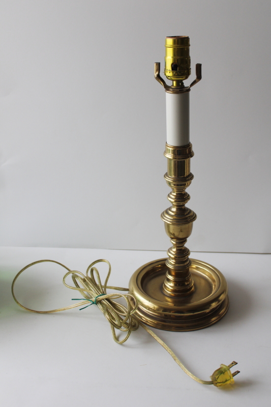 photo of vintage heavy brass bouillotte lamp, round bowl base tall candlestick shape #1