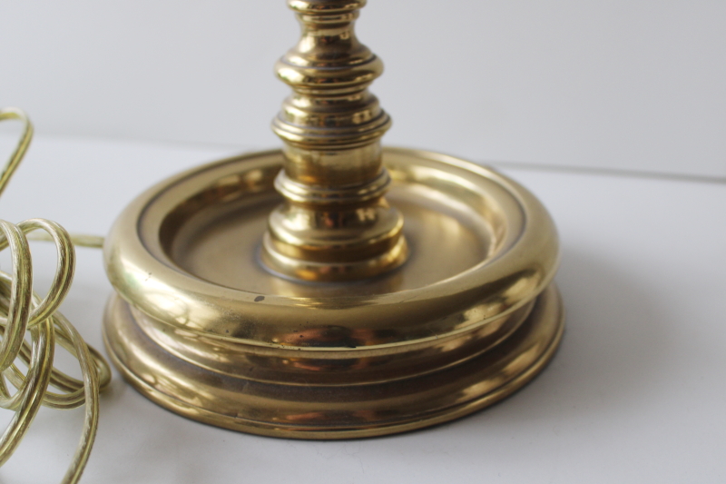 photo of vintage heavy brass bouillotte lamp, round bowl base tall candlestick shape #3