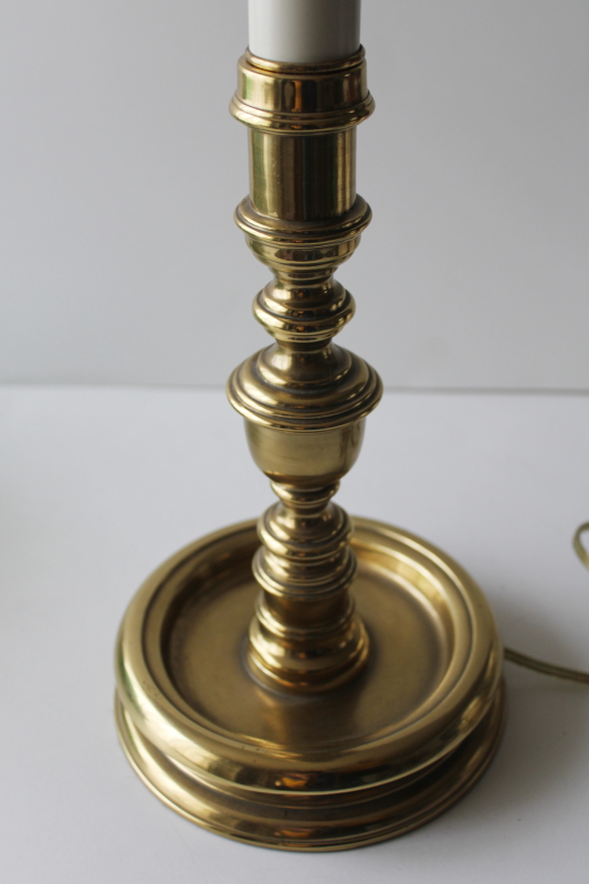 photo of vintage heavy brass bouillotte lamp, round bowl base tall candlestick shape #6