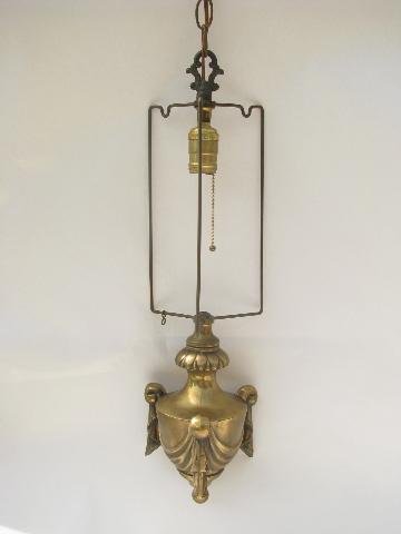 photo of vintage heavy brass chandelier swag lamp, drum shade hanging light #1