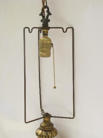 photo of vintage heavy brass chandelier swag lamp, drum shade hanging light #4