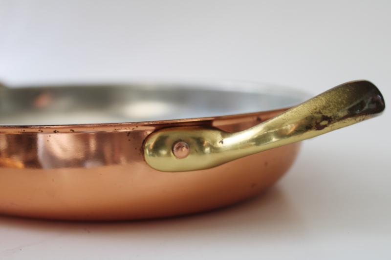 photo of vintage heavy copper gratin oval pan w/ brass handles, made in Portugal #4